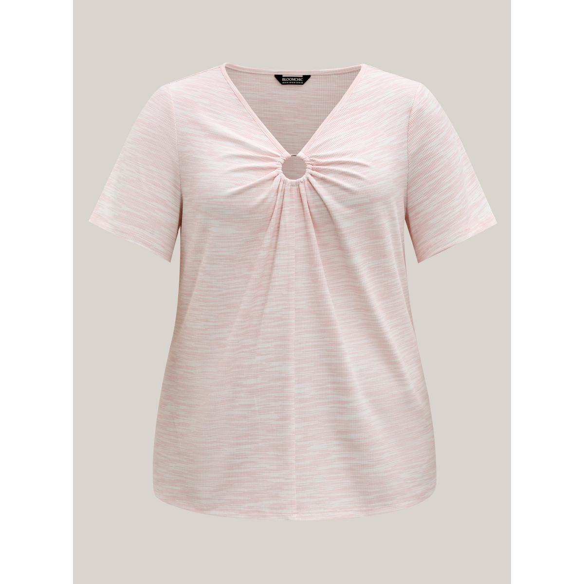 Plus Size Heather Neck Keyhole Solid T-Shirt Lightpink Women Texture V-neck Everyday-Casual T-shirts BloomChic 10/M Product Image