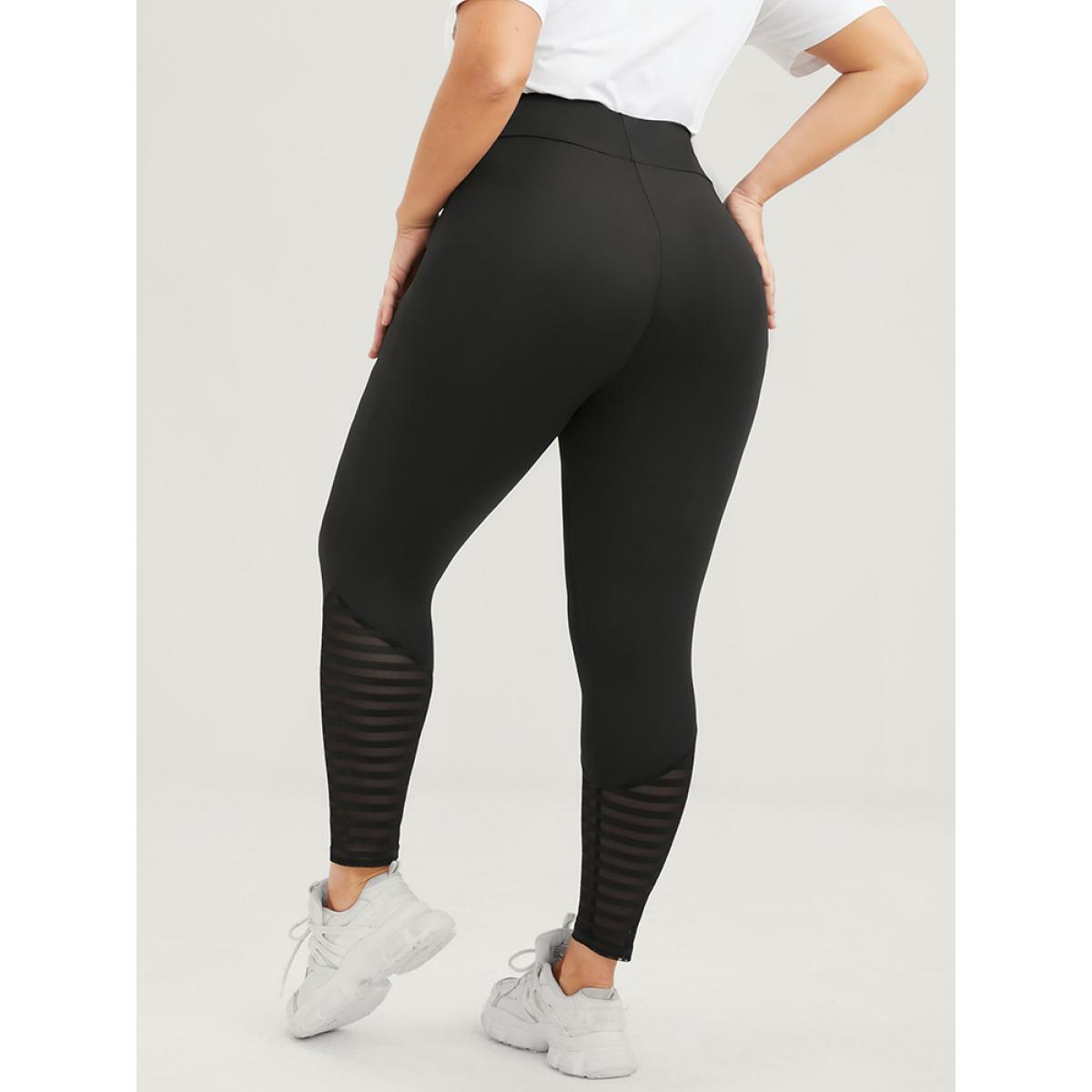 Plus Size Solid Wideband Waist Striped Mesh Patchwork Skinny Leggings Women Black Casual Medium stretch Bodycon Extra High Rise Dailywear Leggings BloomChic 10/M Product Image