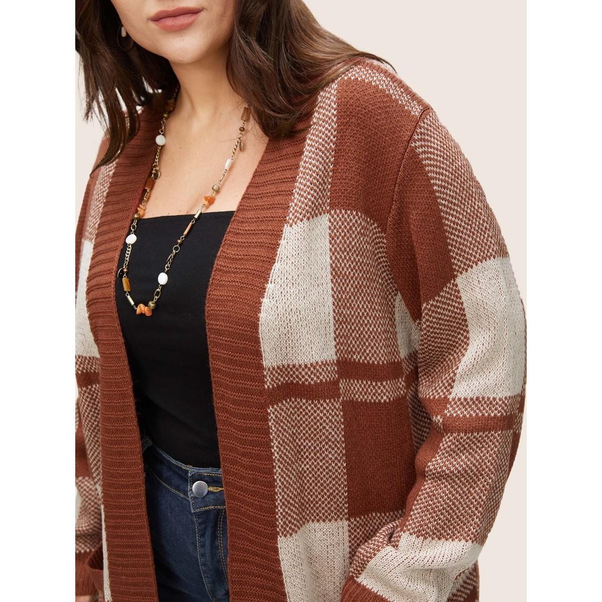 Plus Size Contrast Colorblock Pocket Open Front Cardigan Brown Women Casual Loose Long Sleeve Dailywear Cardigans BloomChic 28/5X Product Image