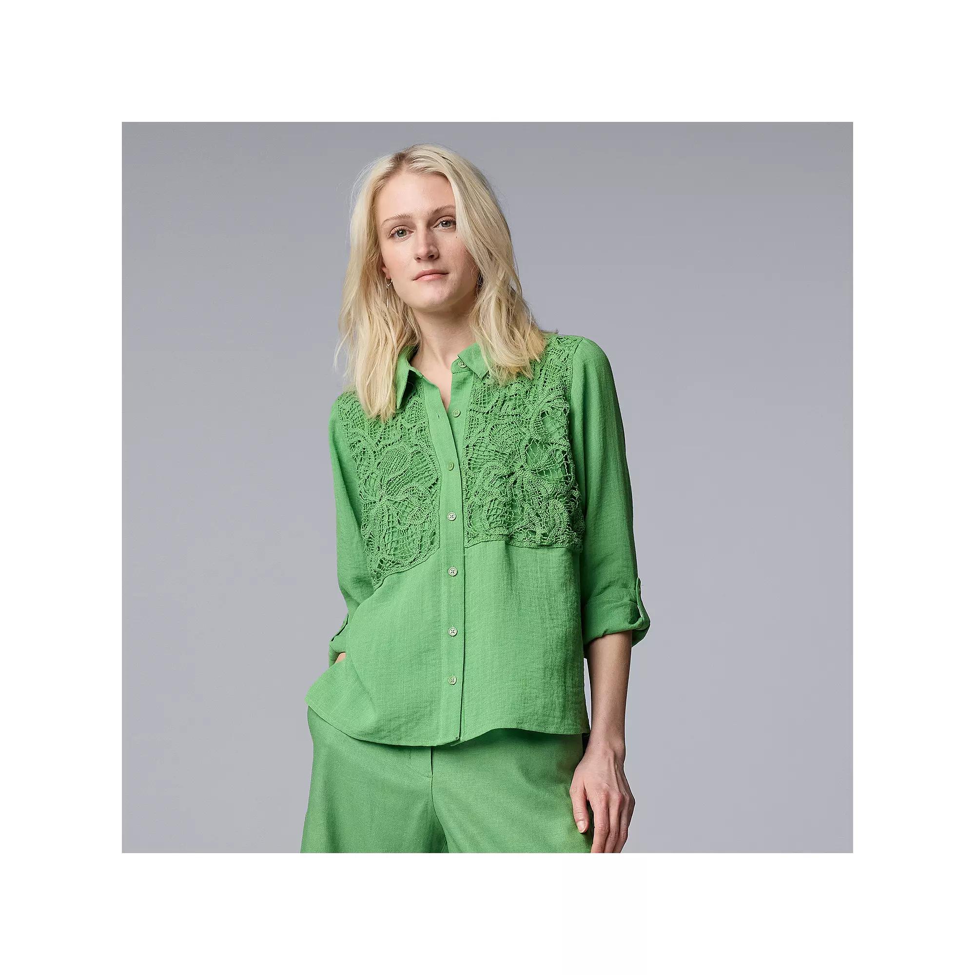 Women's Simply Vera Vera Wang Linen Crochet Shirt, Size: Large, Autumn Fern Product Image