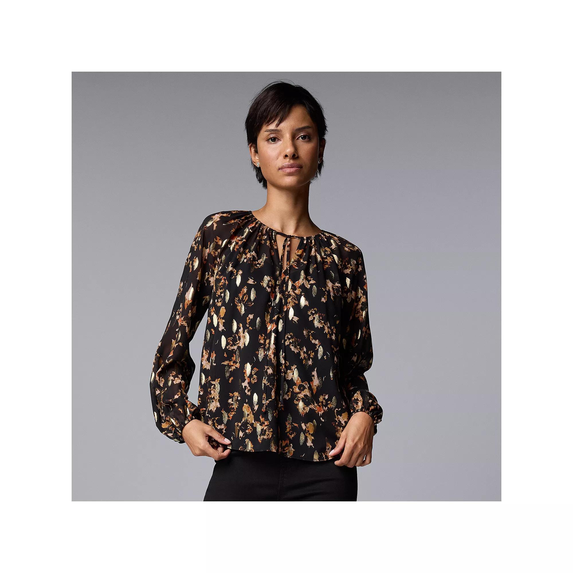 Women's Simply Vera Vera Wang Tie Front Shirred Blouse, Size: Medium, Black Gold Petals Product Image