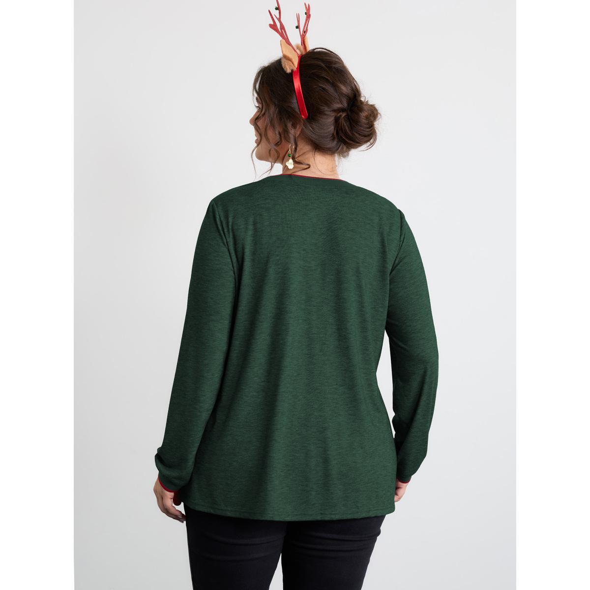 Plus Size Supersoft Puppy Embroidery Contrast T-Shirt Cyan Women Playful Animals Round Neck Casual T-shirts BloomChic 30/6X Product Image