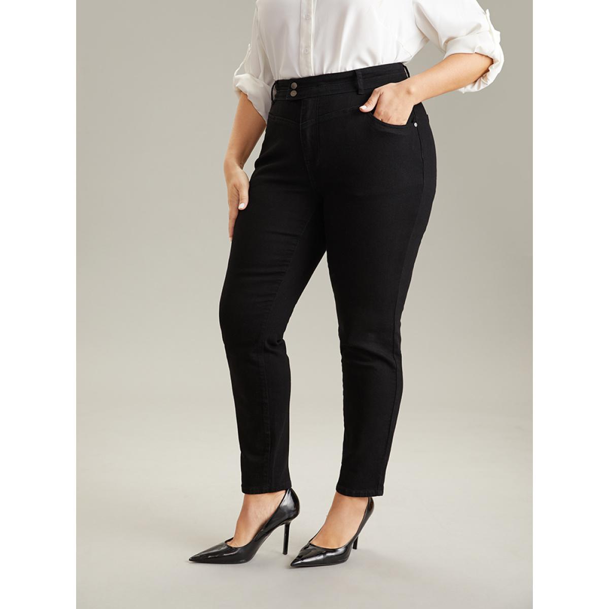 Plus Size Plain Black Wash Button Through Jeans Women Black Casual Plain Plain High stretch Pocket Jeans BloomChic 12/L Product Image