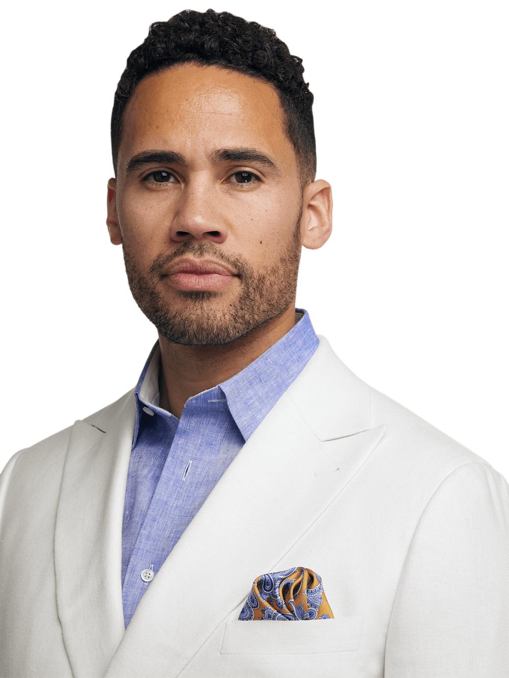 Linen Blend Double Breasted Peak Lapel Suit Jacket - White Product Image