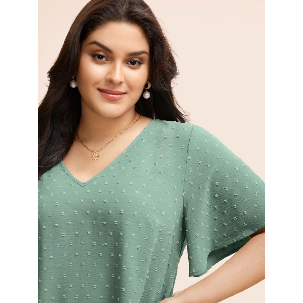 Plus Size Turquoise Polka Dot Lace Sleeve Blouse Women Elegant Short sleeve V-neck Everyday Blouses BloomChic 22-24/3X Product Image