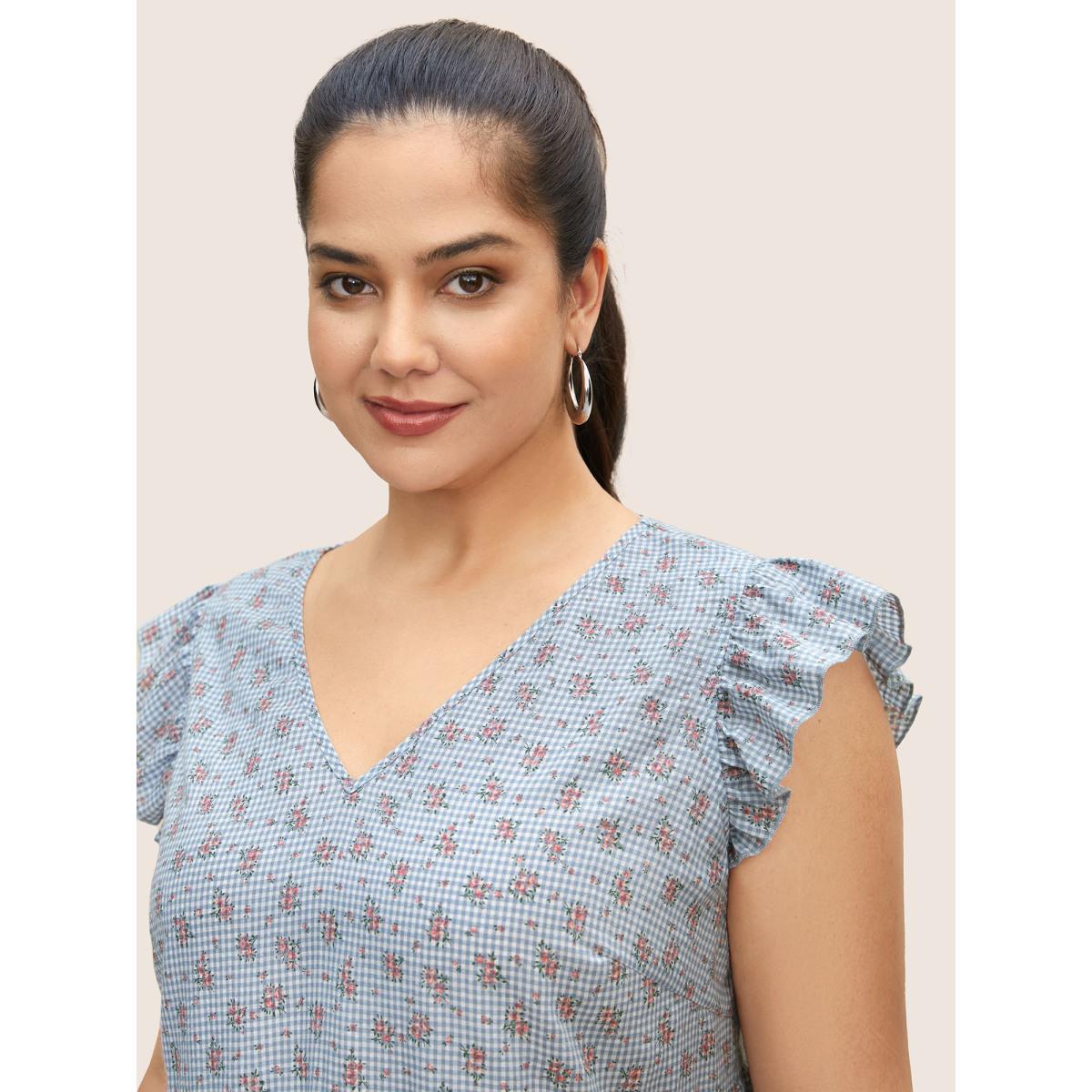 Plus Size LightBlue Gingham Ditsy Floral Ruffle Cap Sleeve Blouse Women Casual Cap Sleeve V-neck Everyday Blouses BloomChic 12/L Product Image
