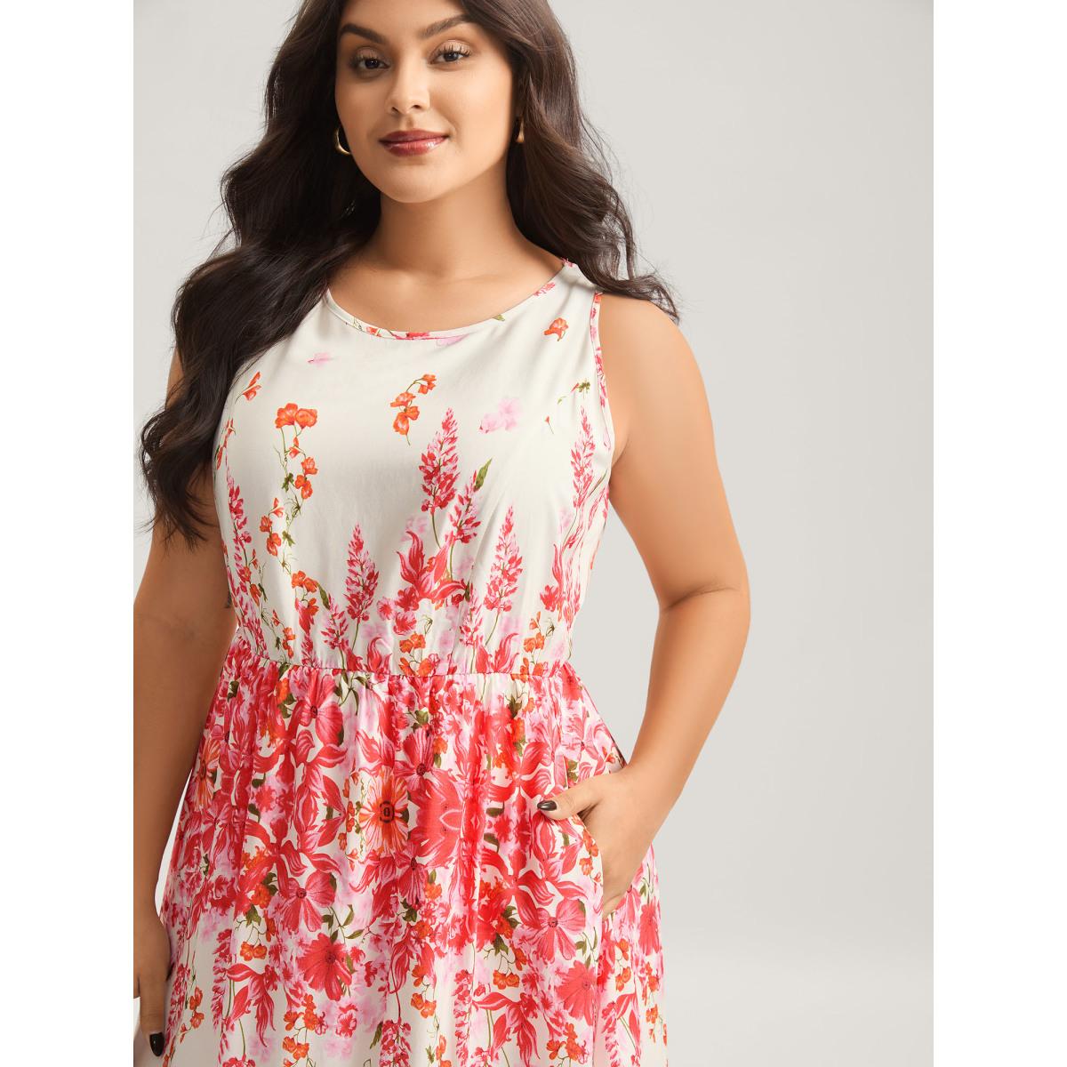 Plus Size Floral Print Cinched-Waist Midi Dress Rosered Women Round Neck Sleeveless Curvy BloomChic 14-16/1X Product Image