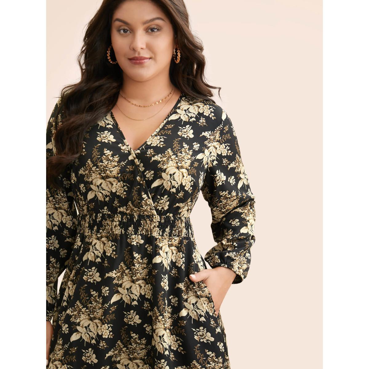 Plus Size Floral Overlap Collar Shirred Midi Dress BlackFlower Women Elegant Shirred Overlap Collar Long Sleeve Curvy BloomChic 12/L Product Image