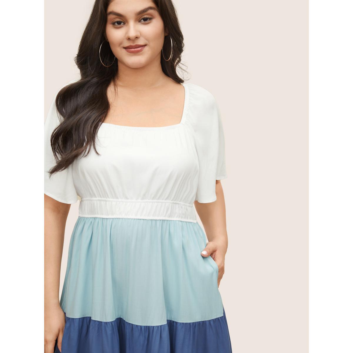 Plus Size Supersoft Essentials Colorblock Contrast Gathered Dress Multicolor Women Casual Contrast Square Neck Short sleeve Curvy Midi Dress BloomChic 12/L Product Image