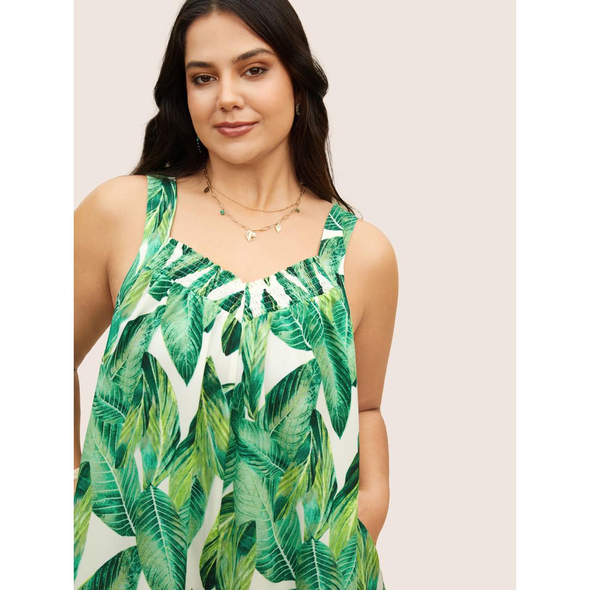 Plus Size Green Tropical Print Shirred Side Seam Pocket Jumpsuit Women Resort Sleeveless Non Vacation Loose Jumpsuits BloomChic 30/6X Product Image