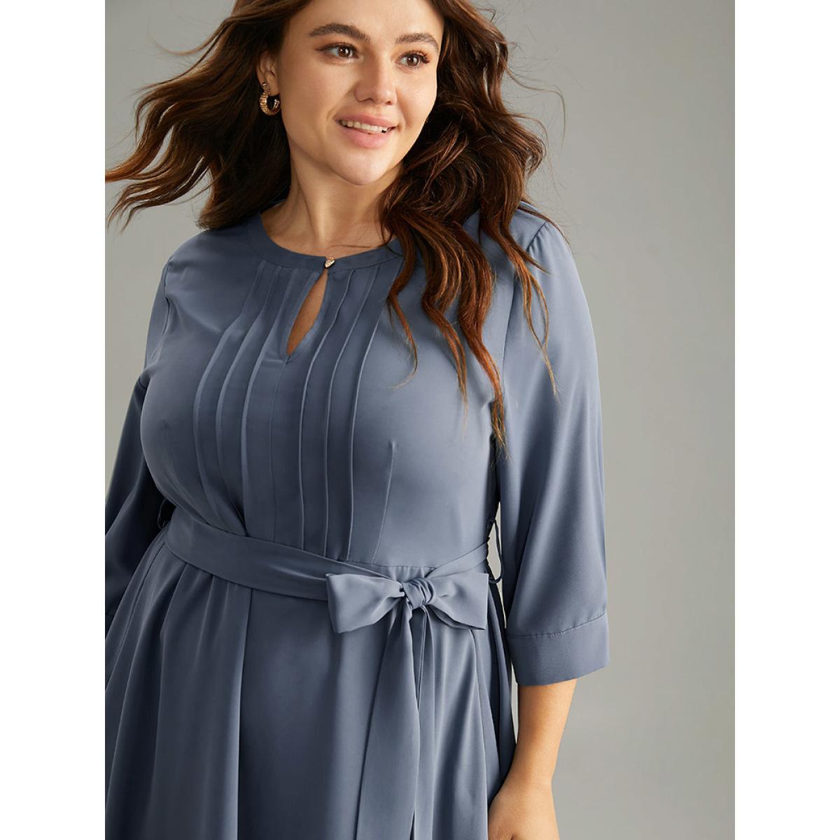 Plus Size Anti-Wrinkle Solid Belted Pleated Keyhole Dress Stone Women Office Plain Keyhole Cut-Out Elbow-length sleeve Curvy Midi Dress BloomChic 10/M Product Image