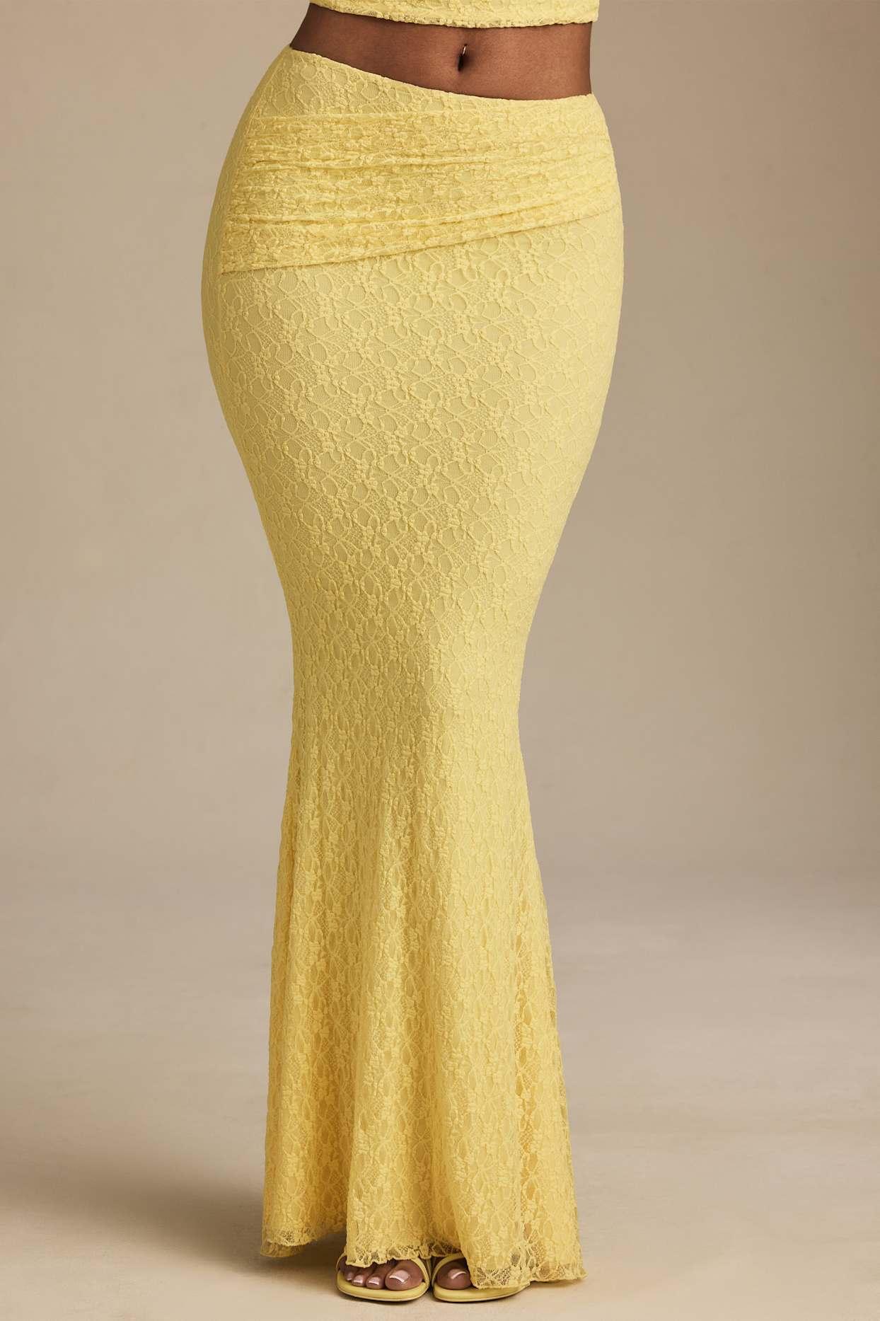 Draped Low-Rise Lace Maxi Skirt in Pastel Yellow Product Image