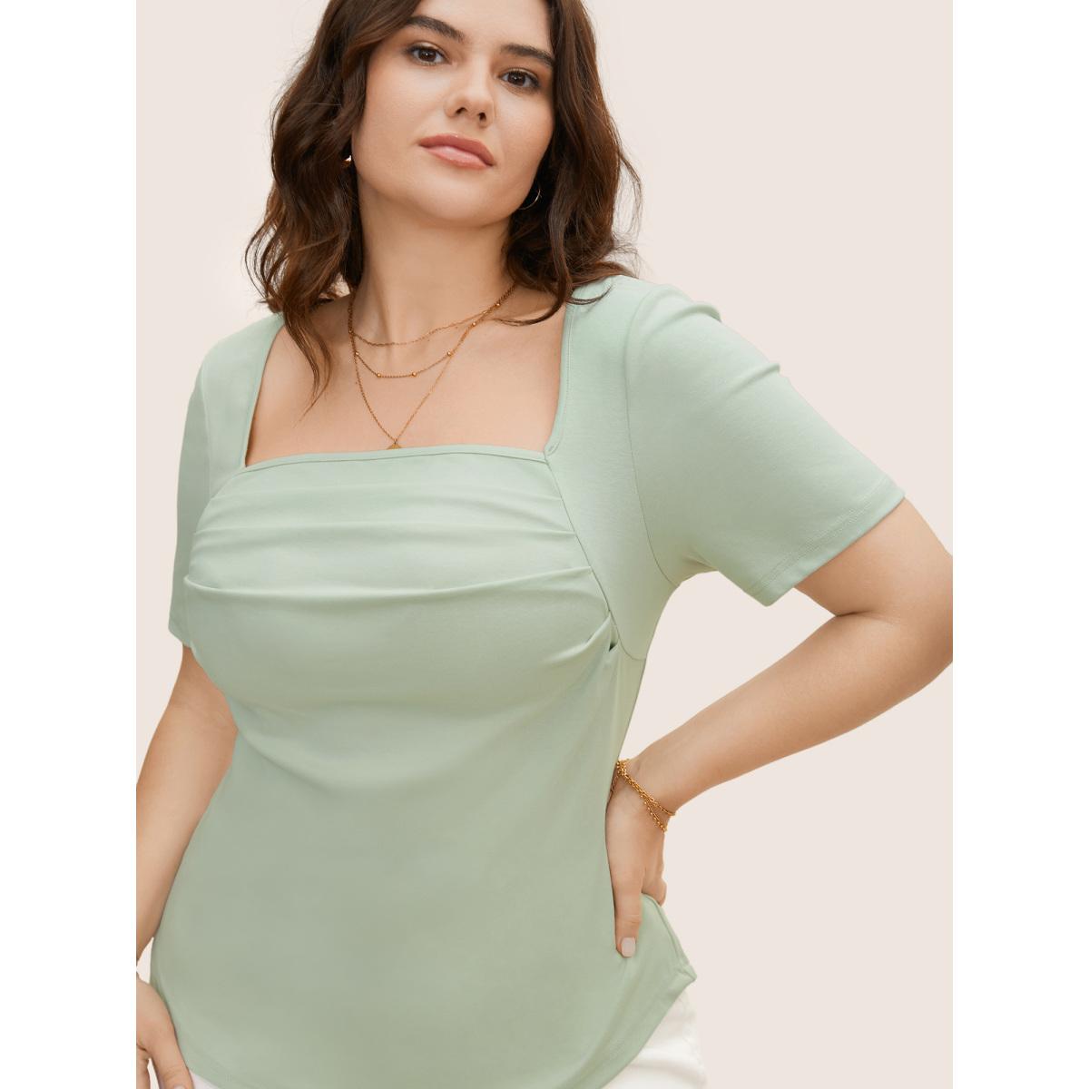 Plus Size Square Neck Curved Hem Pleated T-shirt Palemauve Women Elegant Pleated Square Neck Bodycon Everyday T-shirts BloomChic 28/5X Product Image