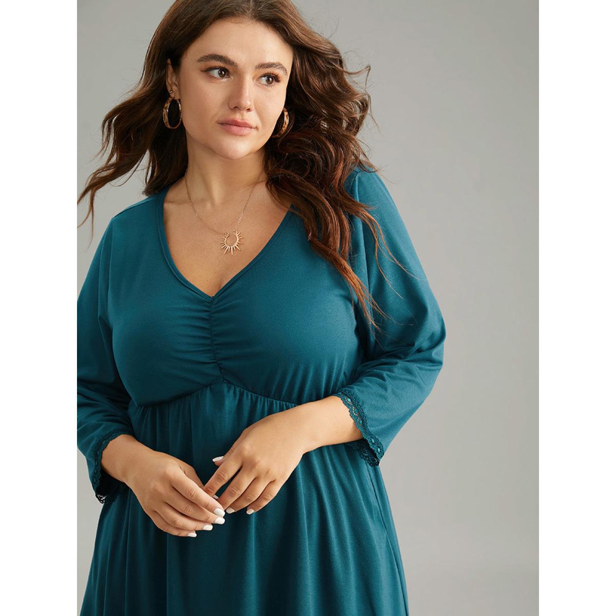Plus Size Solid Guipure Lace Ruched Elastic Waist Dress Cerulean Women At the Office Gathered V-neck Elbow-length sleeve Curvy Midi Dress BloomChic 12/L Product Image