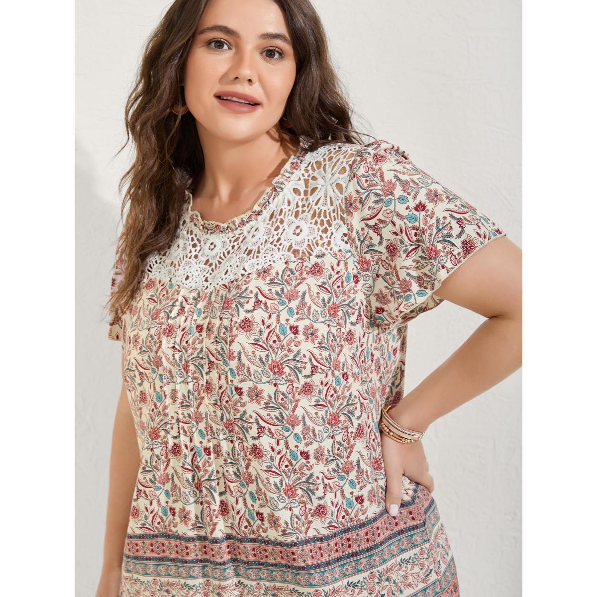 Plus Size Multicolor Sheer Lace Ruffled Neck Floral Blouse Women Boho Short sleeve Round Neck Vacation Blouses BloomChic 12/L Product Image