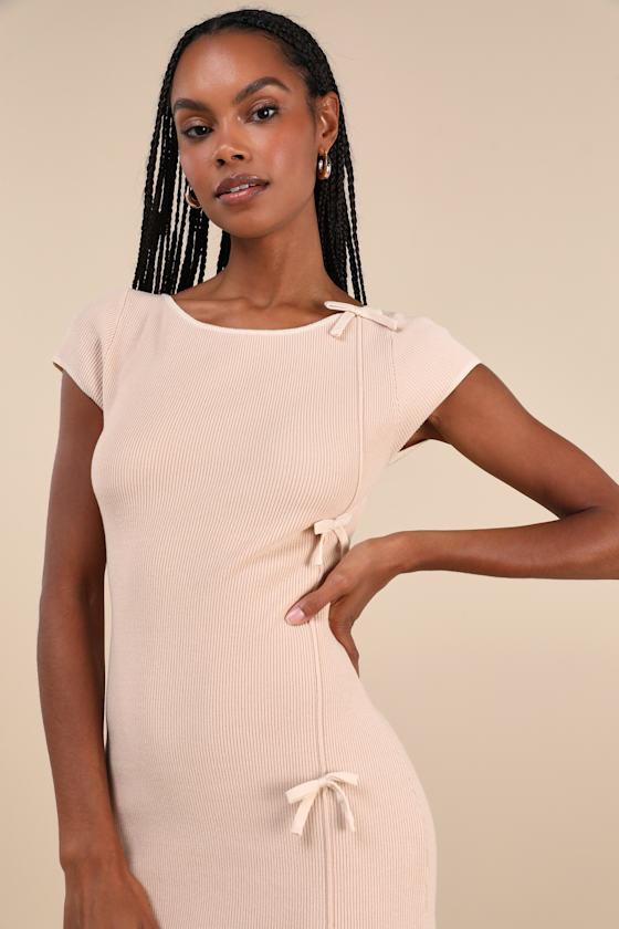 Coquette Ideal Beige Knit Cap Sleeve Ruffled Bow Mini Dress Product Image