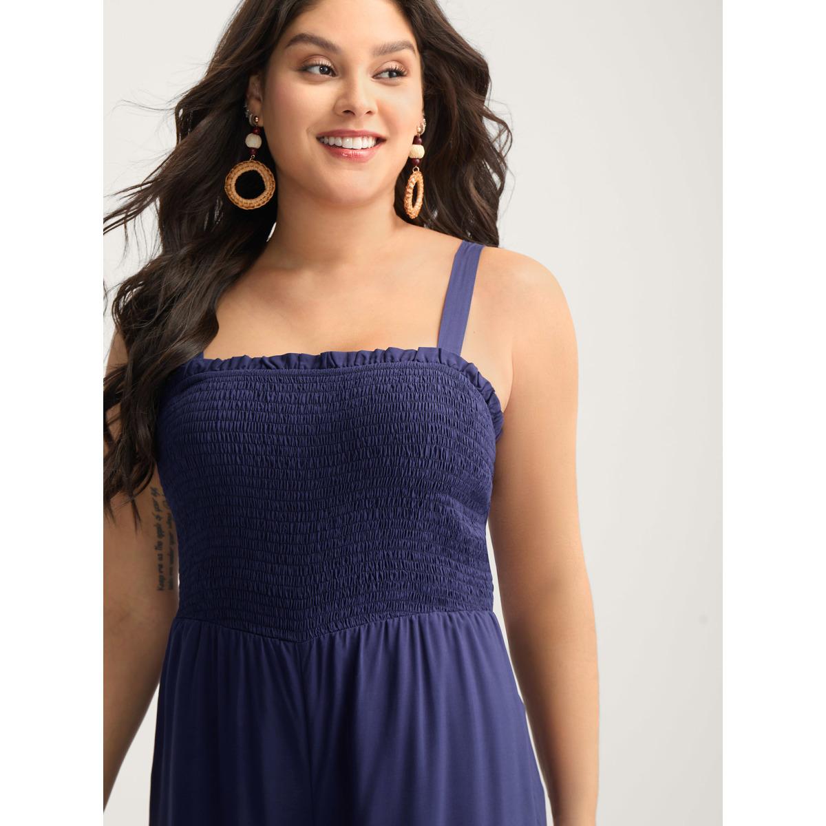 Plus Size DarkBlue Shirred Bodice Tiered Cami Jumpsuit Women Short sleeve Non Vacation Loose Jumpsuits BloomChic 12/L Product Image