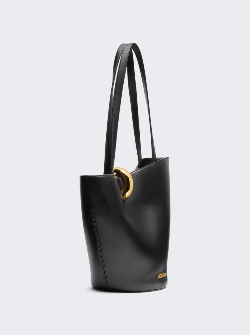 JACQUEMUS The Medium Bambola Asymmetric Leather Bucket Bag In Black 990 Product Image