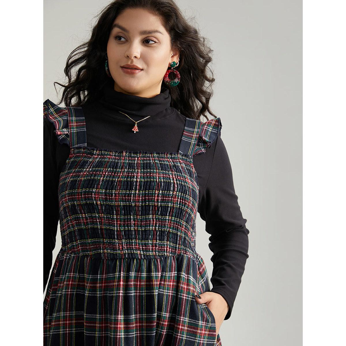 Plus Size Plaid Ruffle Trim Shirred Spaghetti Strap Dress Indigo Women Casual Printed Spaghetti Strap Sleeveless Curvy Midi Dress BloomChic 26/4X Product Image