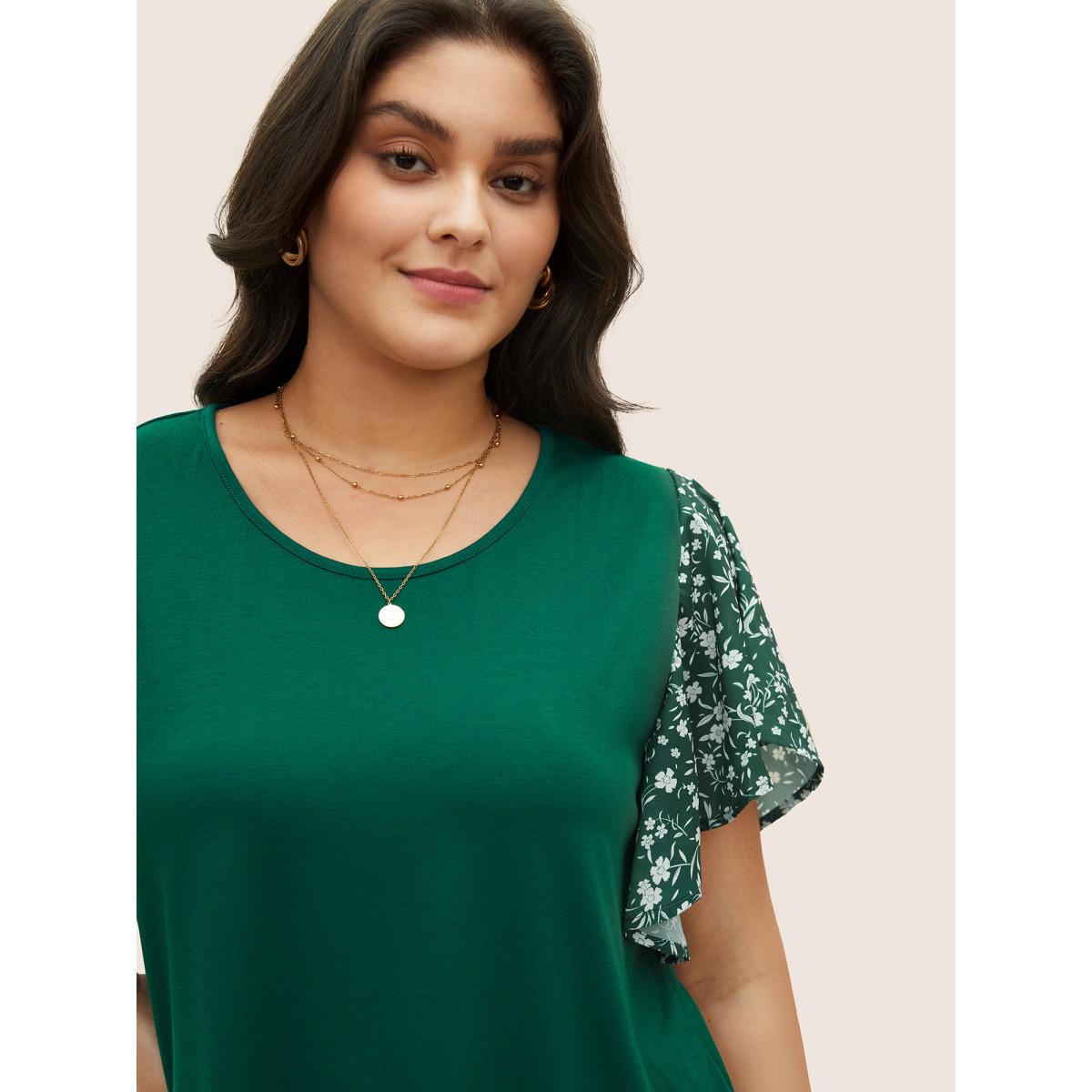 Plus Size Ditsy Floral Ruffle Sleeve Round Neck T-Shirt DarkGreen Women Elegant Ditsy Floral Everyday T-shirts BloomChic 12/L Product Image