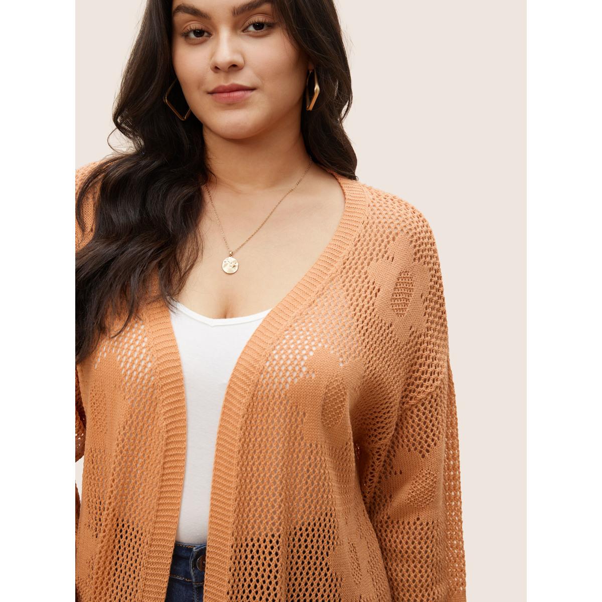 Plus Size Solid Floral Pocket Pointelle Knit Cardigan Coral Women Everyday Casual Cover Ups Bloomchic 14-16/1X Product Image