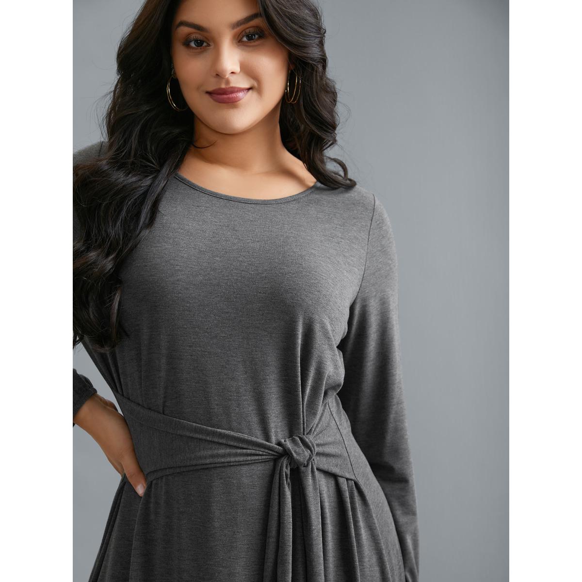 Plus Size Stretchy Waist-Tie Plain Knit Dress DimGray Women Casual Tie knot Knit Dresses Bloomchic 22-24/3X Product Image