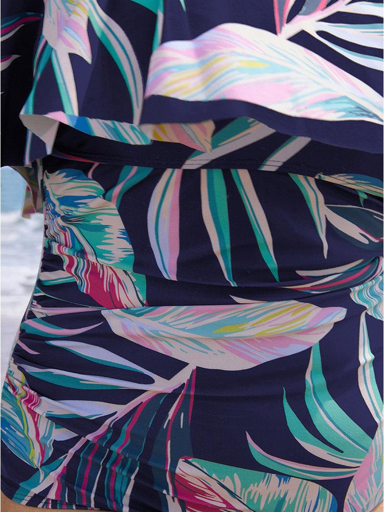 Plant Print Cold Shoulder Ruffle Trim One Piece Swimsuit Female Product Image