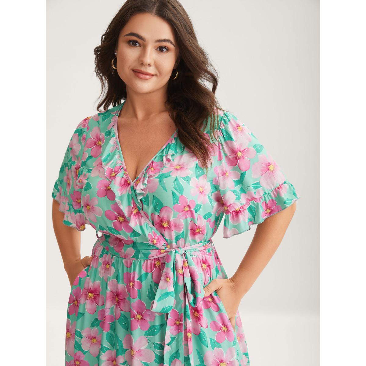 Plus Size Rayon Floral Print Pockets Midi Dress Multicolor Women Overlap Collar Short sleeve Curvy BloomChic 28/5X Product Image