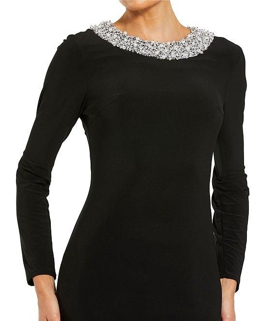 Mac Duggal Jersey Knit Beaded Crew Neck Long Sleeve Gown Product Image