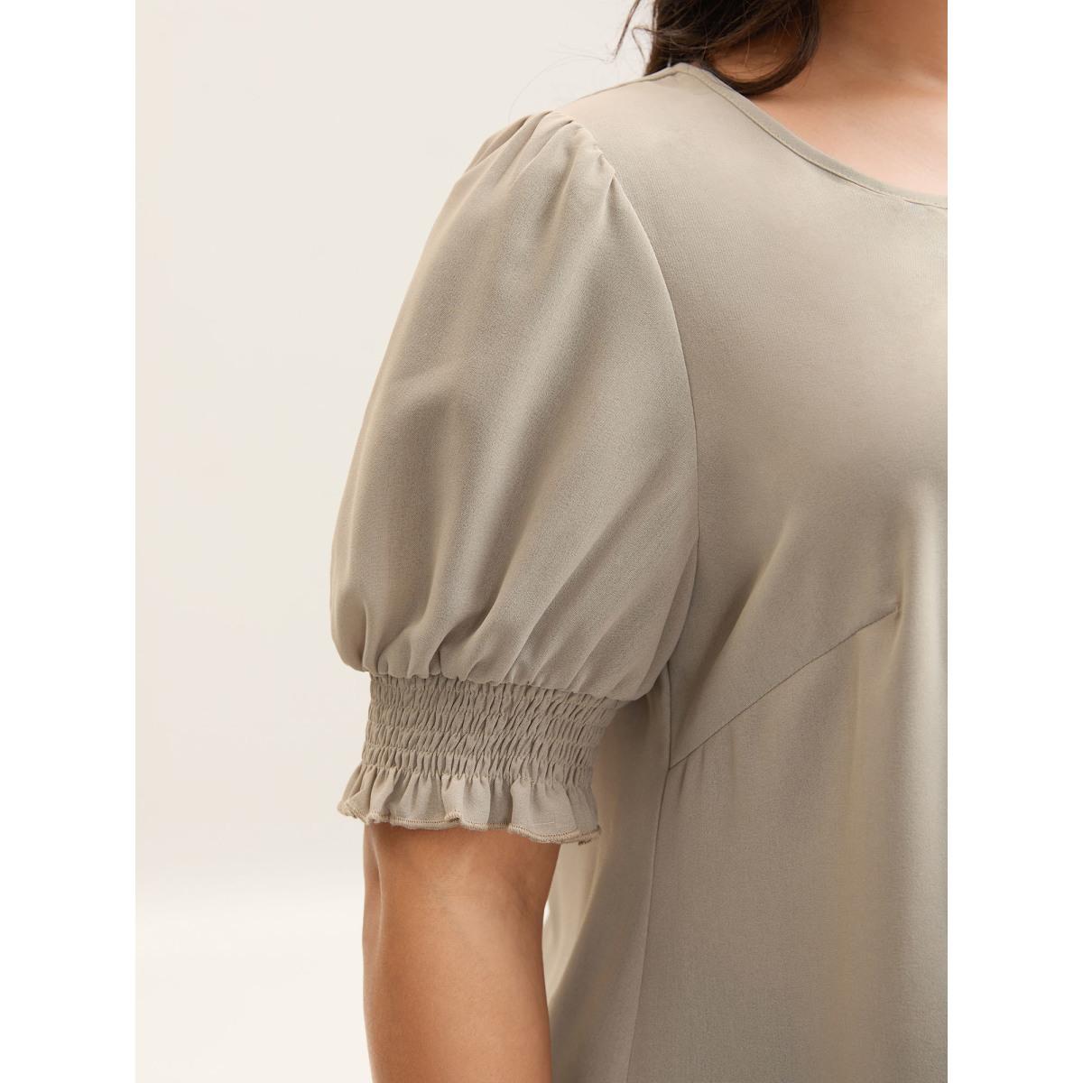 Plus Size Champagne Shirred Puff Sleeve Split Neck Shirt Women Half Sleeve Notched collar Work Blouses BloomChic 12/L Product Image