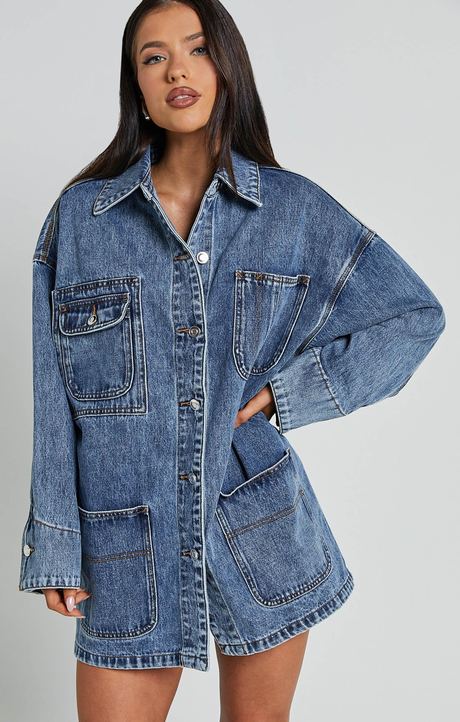 Harlow Jacket - Oversized Long Sleeve Denim Jacket in Mid Blue Wash Product Image