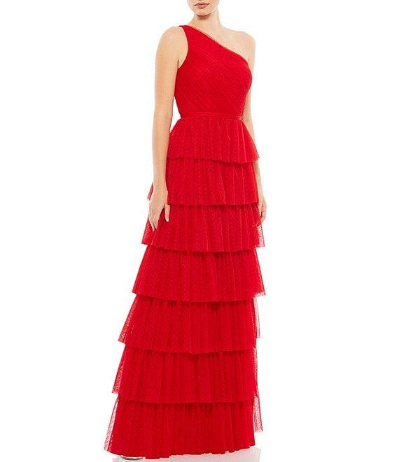 Ieena for Mac Duggal A-Line Tiered Ruffle One Shoulder Sleeveless Gown Product Image