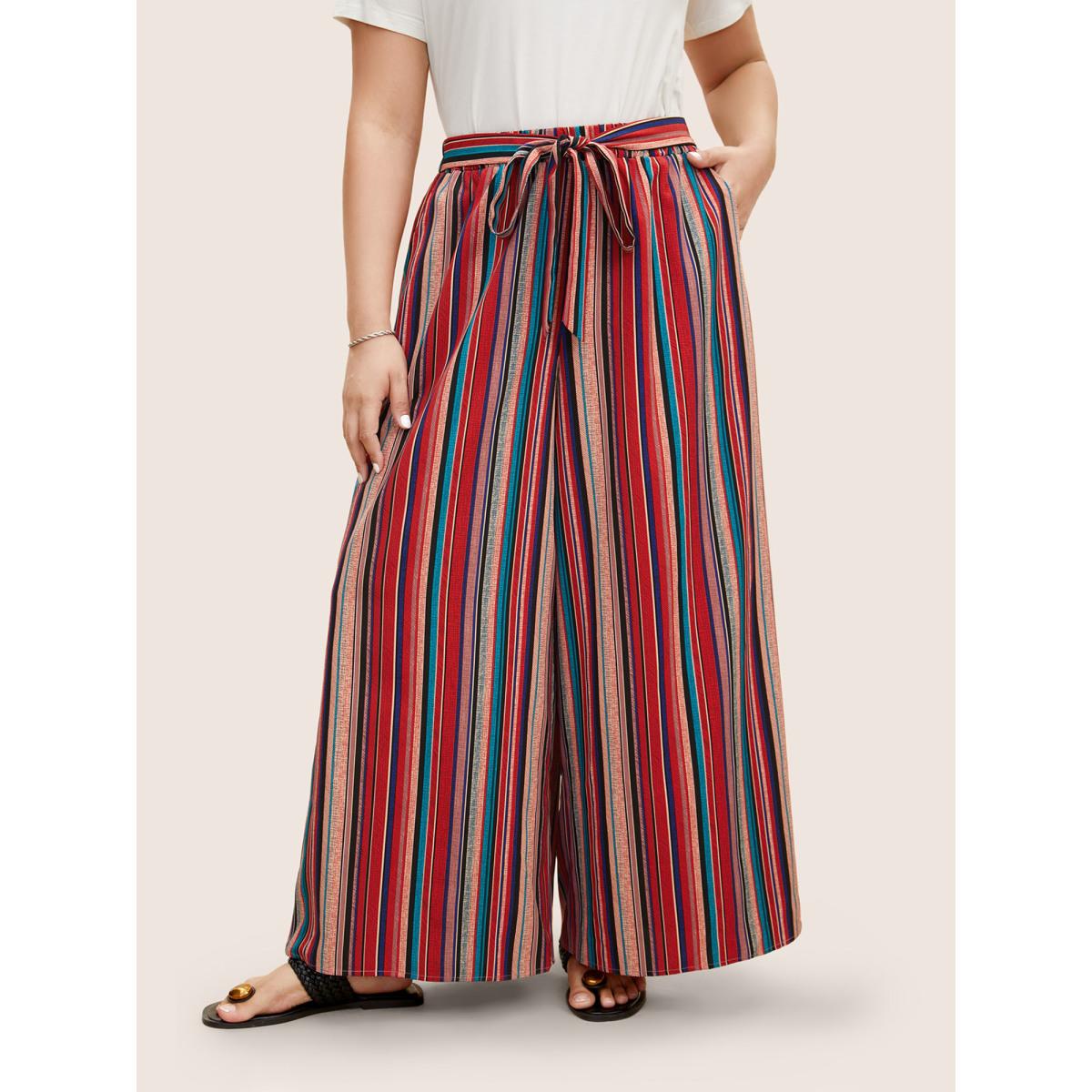 Plus Size Contrast Striped Tie Knot Wide Leg Pants Women Multicolor Casual Wide Leg Mid Rise Everyday Pants BloomChic 22-24/3X Product Image