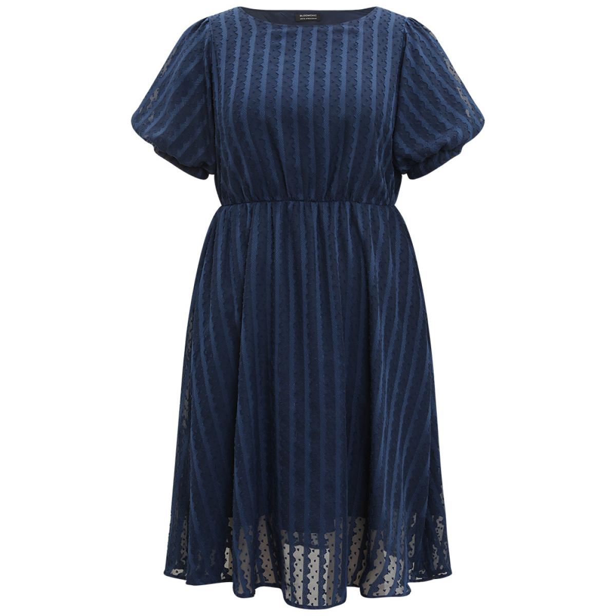 Plus Size Plain Textured Geometric Pocket Puff Sleeve Mesh Dress DarkBlue Women Elegant See through Round Neck Short sleeve Curvy Midi Dress BloomChic 22-24/3X Product Image