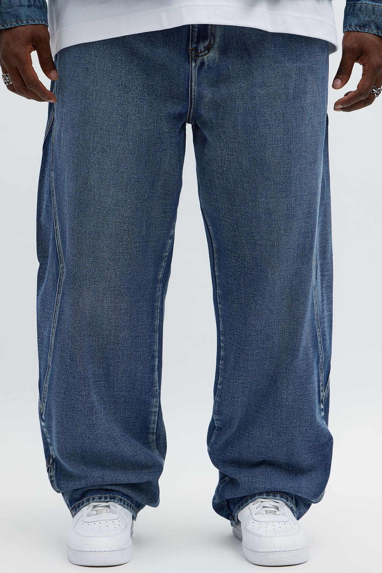 Baggy Faded Paneled Jeans - Medium Blue Wash Male Product Image