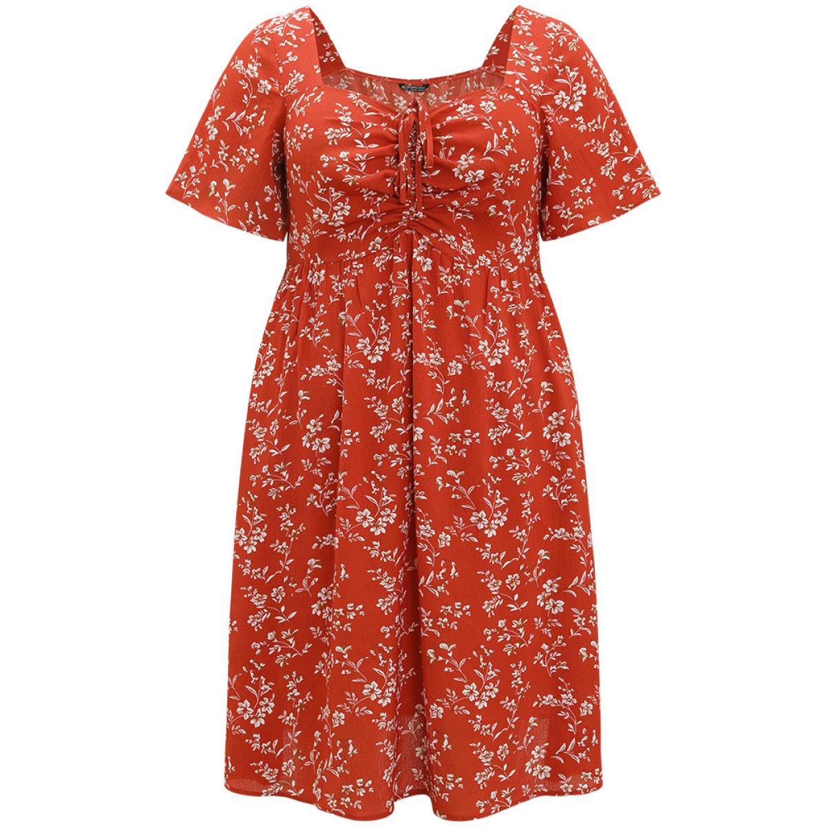 Plus Size Floral Print Square Neck Ruched Ruffles Drawstring Dress Red Women Elegant Drawstring Square Neck Short sleeve Curvy Midi Dress BloomChic 10/M Product Image