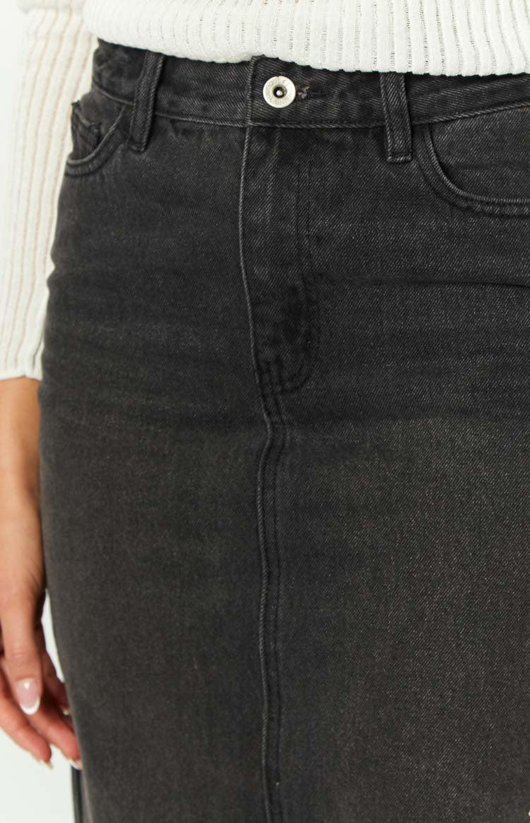 Isla Washed Black Denim Midi Skirt Product Image