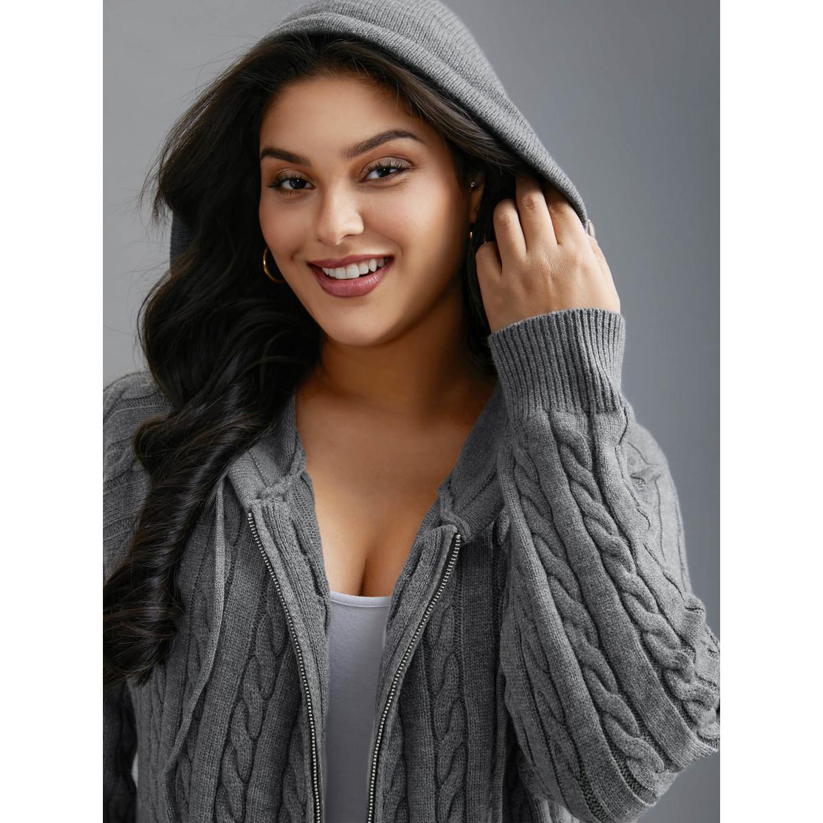 Plus Size Cable Knit Hooded Zipper Cardigan DimGray Women Leisure Loose Long Sleeve Casual Cardigans BloomChic 22-24/3X Product Image