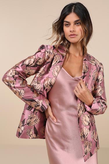Cherished Chicness Pink Floral Jacquard Blazer Product Image
