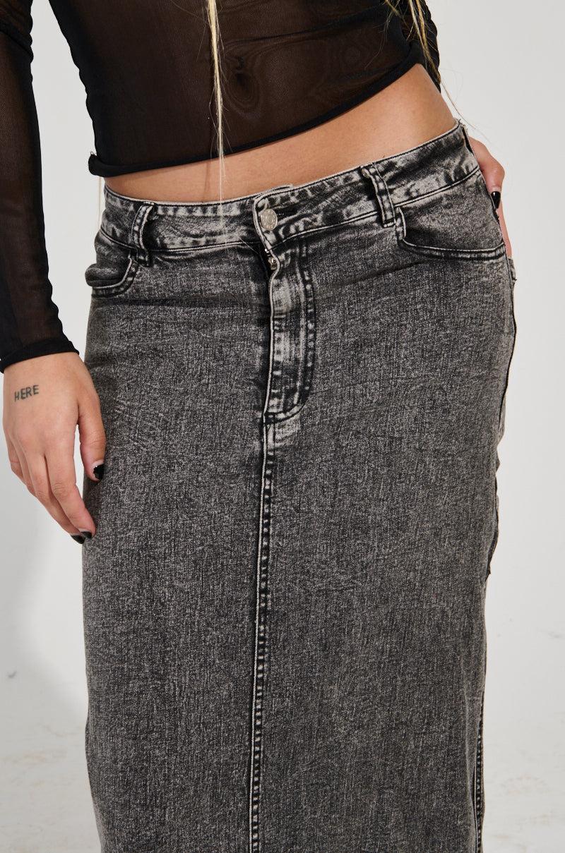 OH THE DRAMA DENIM MAXI SKIRT WITH TRAIN IN GREY Product Image
