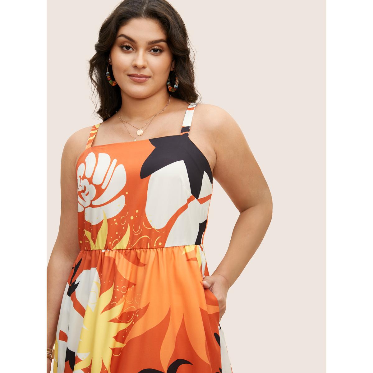 Plus Size Tropical Print Square Neck Maxi Dress Brightorange Women Resort Non Square Neck Sleeveless Curvy BloomChic 22-24/3X Product Image