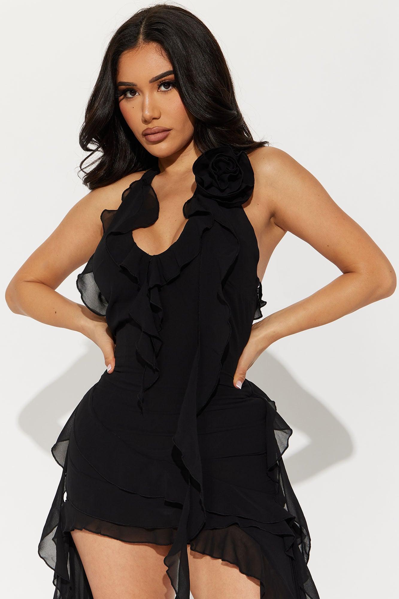 Ruffles and Roses Mini Dress - Black Product Image