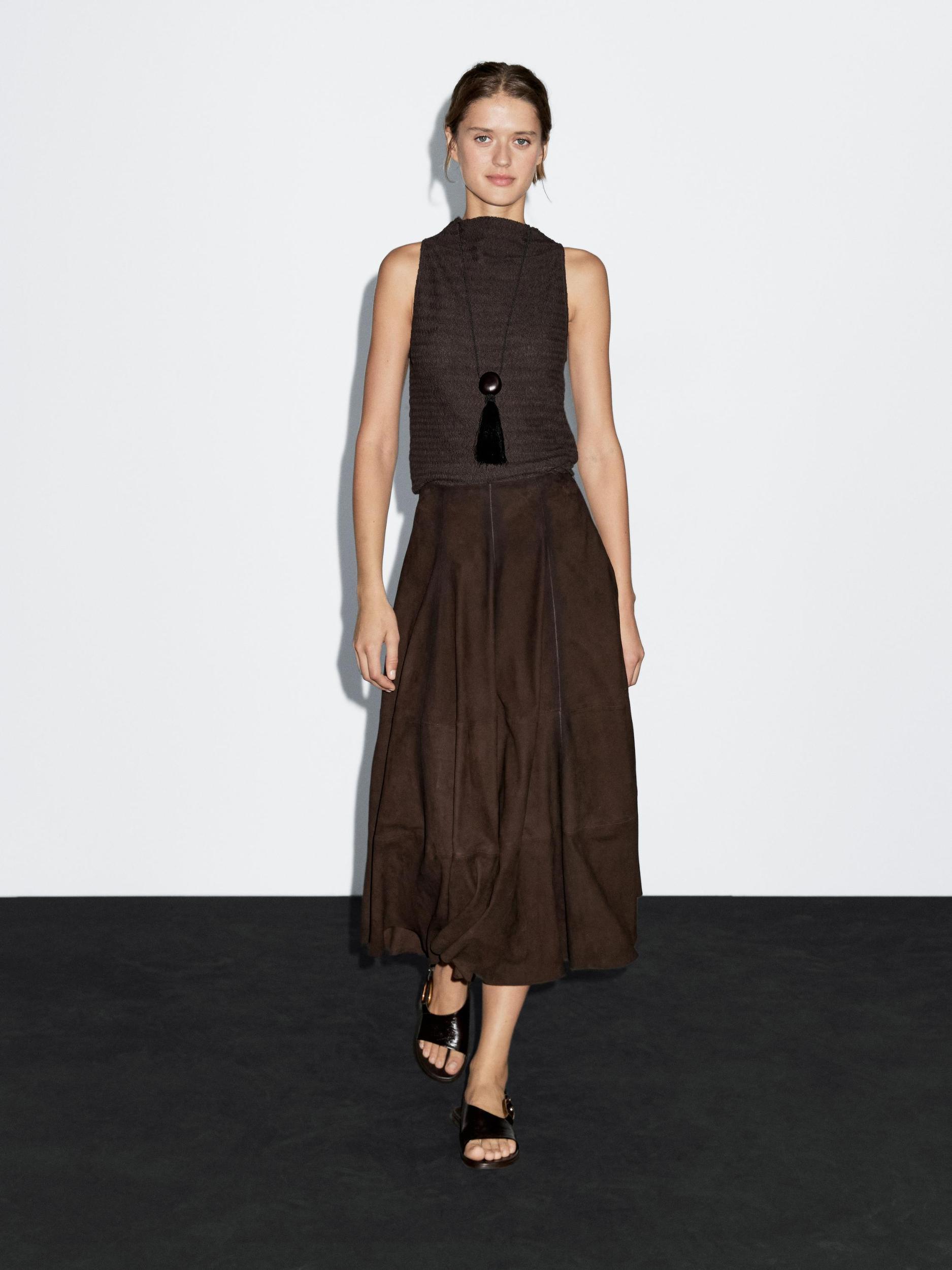 Chocolate linear waffle-knit funnel neck top Product Image