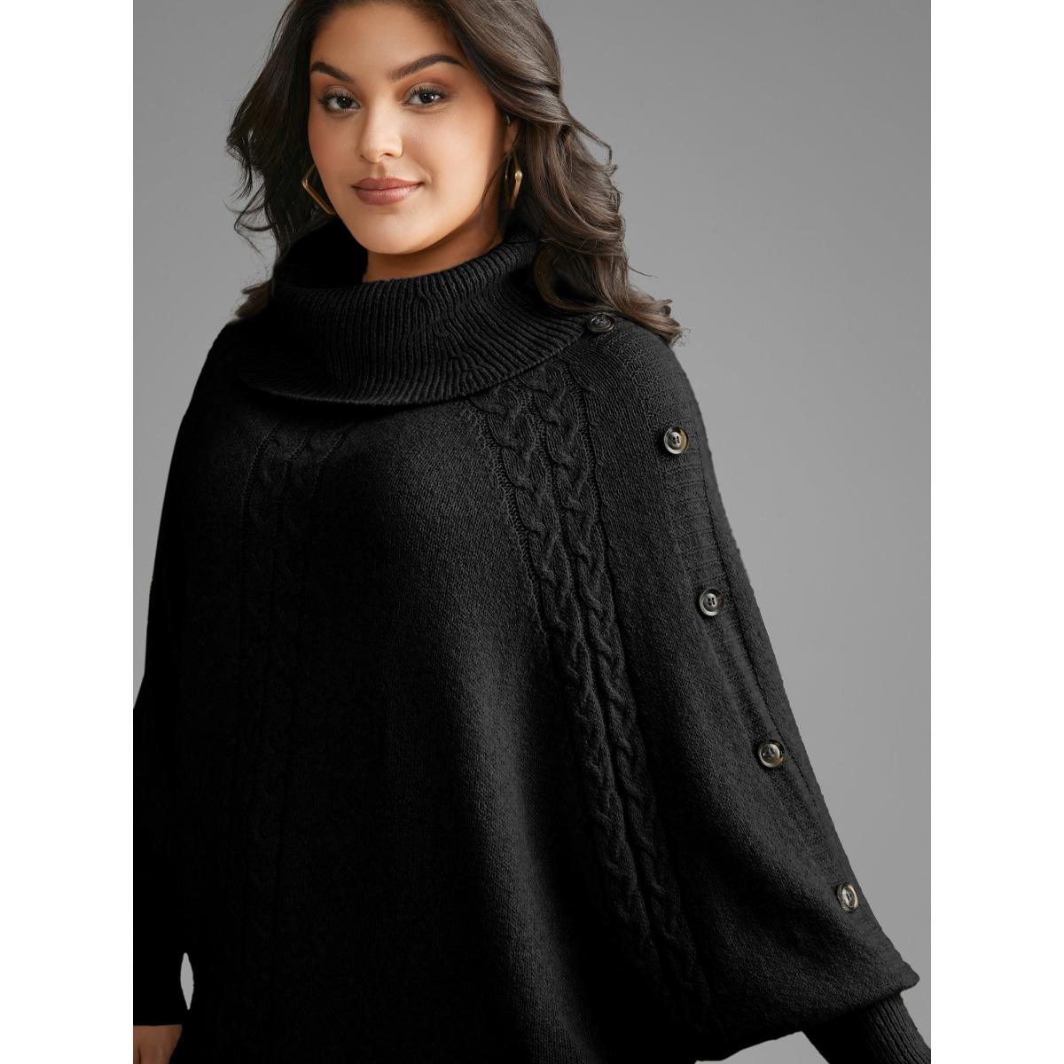 Plus Size Turtleneck Cable Knit Asymmetrical Hem Pullover Black Women Casual Loose Long Sleeve Ruffled collar Everyday Pullovers BloomChic 26/4X Product Image