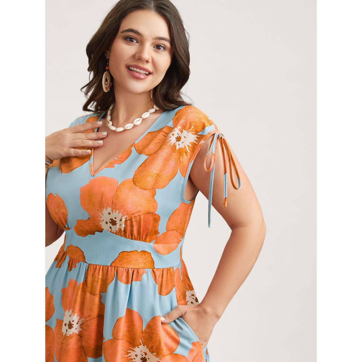 Plus Size Floral Print V-Neck Tied Midi Dress LightBlue Women Romantic Gathered V-neck Sleeveless Curvy BloomChic 18-20/2X Product Image
