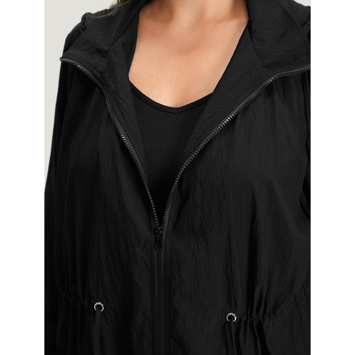 Plus Size Plain Hooded Zipper Drawstring Tab Sleeve Coat Women Black Plain Pocket Everyday Jackets BloomChic 18-20/2X Product Image