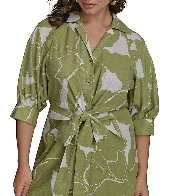 Donna Karan Plus Size Floral Print Midi Shirt Dress Product Image