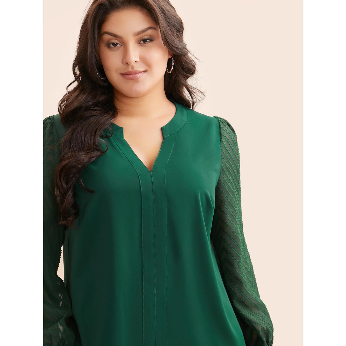 Plus Size DarkGreen Solid Textured Notched Collar Pleated Blouse Women Elegant Long Sleeve Flat collar with V-notch Everyday Blouses BloomChic 26/4X Product Image