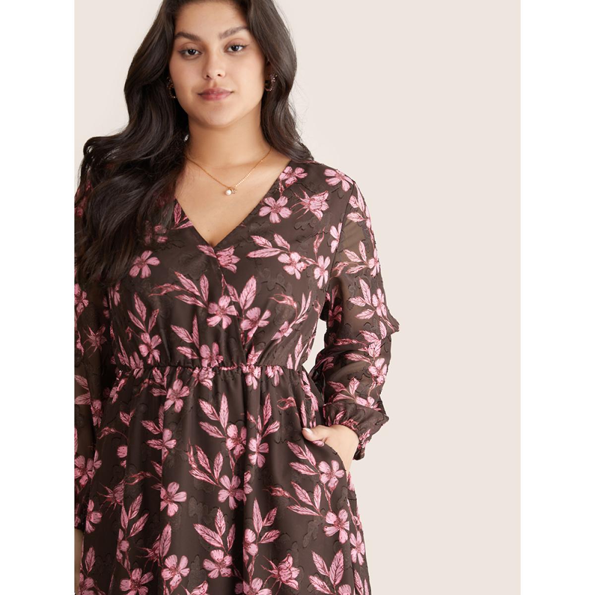 Plus Size Floral Mesh Patchwork Lantern Sleeve Wrap Dress DarkBrown Women Elegant Elastic cuffs Overlap Collar Long Sleeve Curvy Midi Dress BloomChic 12/L Product Image