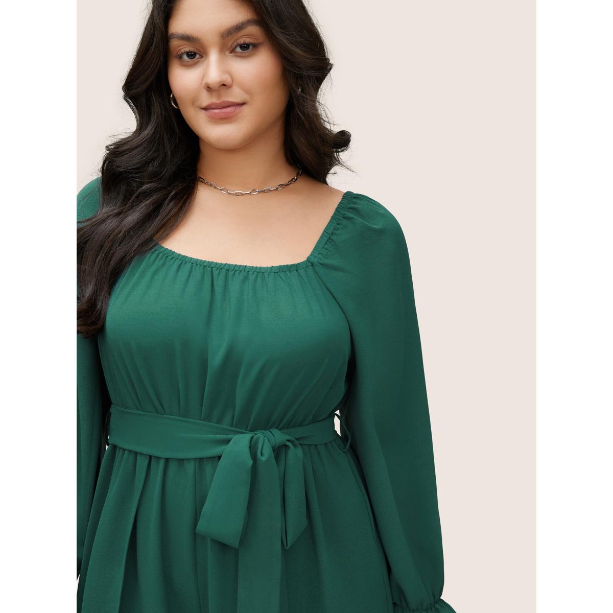 Plus Size Emerald Plain Square Neck Belted Split Hem Jumpsuit Women Resort Long Sleeve Square Neck Vacation Loose Jumpsuits BloomChic 22-24/3X Product Image